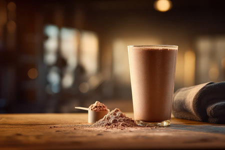 A delicious chocolate protein shake served in a glass next to cocoa powder and a scoop. Perfect for fitness enthusiasts looking for a nutritious boost.の素材