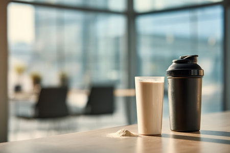 A modern workspace features a fresh protein shake in a glass alongside powder. Natural light enhances the setting, ideal for health and fitness themes.の素材