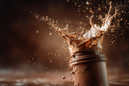 Capture the exhilarating moment of chocolate splashing from a jar, showcasing dynamic movement and rich textures, perfect for food enthusiasts and creatives.の素材