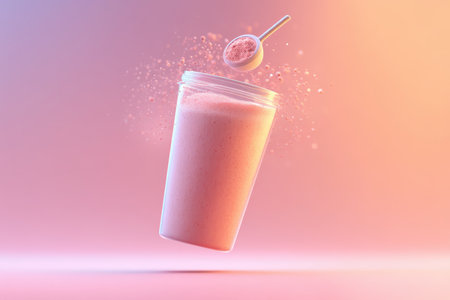 A vibrant smoothie cup floats in mid-air with a scoop of powder above it, creating a dynamic visual. The soft pastel hues add an aesthetic touch, ideal for health and wellness themes.の素材