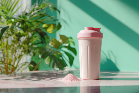 A vibrant protein shake in a stylish blender bottle sits on a table. Surrounding plants add freshness, perfect for a health-conscious lifestyle.の素材