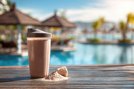 A protein shake sits on a wooden table next to a swimming pool, capturing the essence of fitness and wellness. Enjoying nutrition in bright sunlight is perfect for summer relaxation.の素材