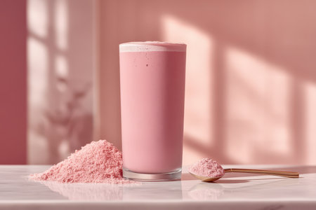 A vibrant pink smoothie is served in a tall glass beside a pile of powder and a spoon. The soft pink background adds a modern touch, enhancing the refreshing and healthy vibe of this drink.の素材