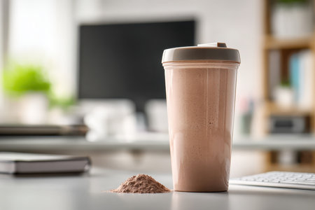A stylish smoothie bottle filled with protein powder sits on a contemporary desk, capturing a clean and modern workspace atmosphere perfect for a health-focused lifestyle.の素材