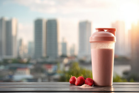 A refreshing strawberry protein shake sits on a wooden table, highlighting healthy living. The vibrant city skyline adds a modern touch to this nutritious drink.の素材