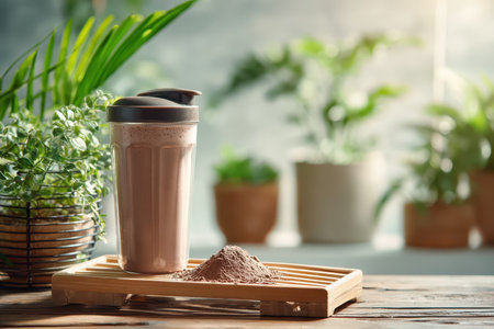 A visually appealing protein shake sits on a wooden tray with a scoop of powder beside it. Green plants create a fresh, inviting atmosphere perfect for healthy living.の素材