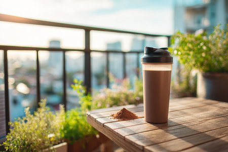 A serene outdoor scene captures a warm beverage in a shaker cup on a wooden table, surrounded by greenery, showcasing a tranquil morning atmosphere in an urban setting.の素材