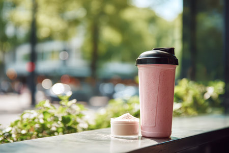 Enjoy a creamy pink protein shake paired with sweet toppings, perfect for a sunny day. Ideal for fitness lovers and health-conscious individuals.の素材