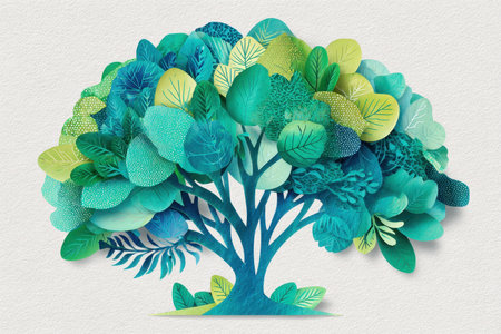 This vibrant paper cutout tree features a variety of green leaves and intricate details, perfect for designs related to nature, creativity, and environmental themes.の素材