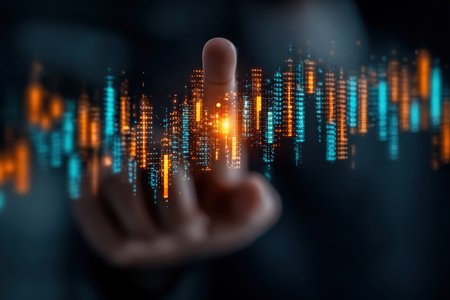 A striking digital visual of a hand gesture representing touch, integrated with vibrant data visualization elements, symbolizing technology and innovation in a modern setting.の素材