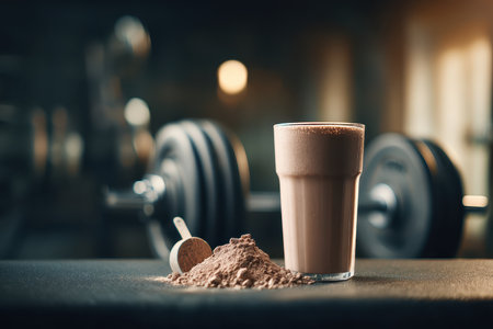 A nutritious protein shake served in a glass sits beside dumbbells, symbolizing fitness and health. Ideal for gym enthusiasts looking for energy and recovery options.の素材