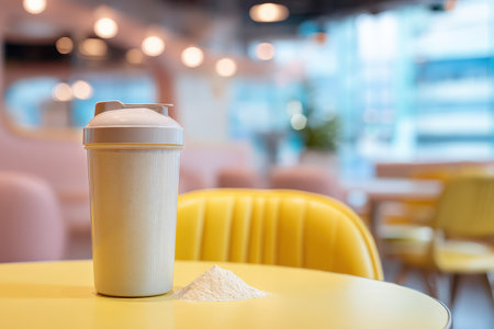 A protein shake sits on a bright yellow table next to a mound of powder, showcasing a modern cafe interior, perfect for fitness enthusiasts and health-conscious individuals.の素材
