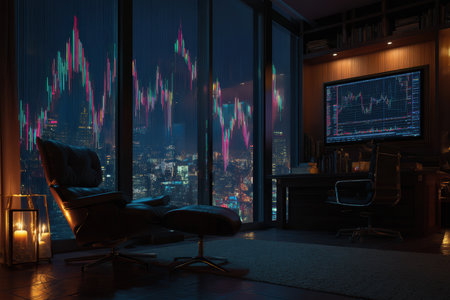 A sleek modern office displays financial charts on a large screen, overlooking a vibrant city skyline at night. Warm lighting creates a cozy atmosphere.の素材