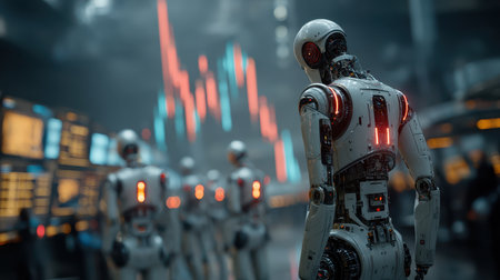 A group of futuristic robots engages in data analysis within a high-tech environment. The scene highlights the intersection of technology and artificial intelligence.の素材