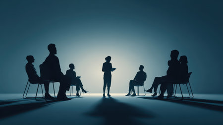 A captivating scene featuring silhouetted figures in a dimly lit room, engaging in a group discussion led by a speaker. The atmosphere reflects collaboration and ideas.の素材