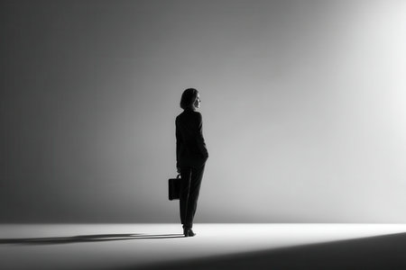 A silhouette of a business professional standing alone in a minimalist setting, promoting themes of determination and introspection, ideal for concepts of success and ambition.の素材