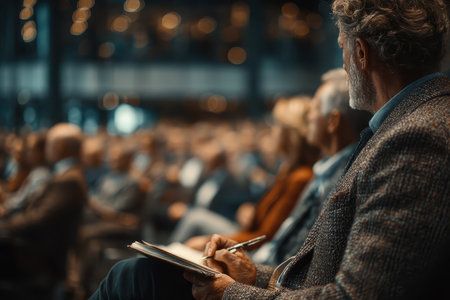 A focused attendee takes notes during a conference, surrounded by an engaged audience. This captures the essence of learning and networking in a professional setting.の素材