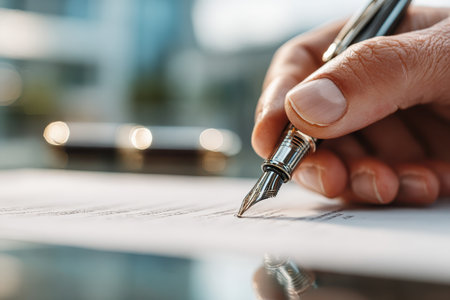 A close-up view of a hand holding a fountain pen poised over a document. The soft focus background adds depth, highlighting the act of signing.の素材