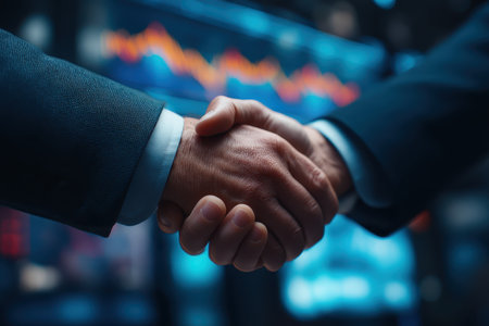 A close-up of two business professionals shaking hands, symbolizing agreement and partnership in a corporate setting, reflecting trust and collaboration within the business world.の素材