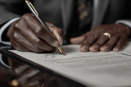 A detailed close-up of a hand signing an important document with a fountain pen on a polished desk. The image captures the essence of professionalism and commitment.の素材