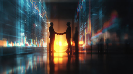 Two business professionals shake hands in a dimly lit office, surrounded by financial data visualizations. The image represents trust and partnership in business.の素材