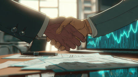 A powerful depiction of diverse hands shaking, symbolizing business collaboration. The setting showcases an office environment with charts and documents, representing partnership and trust.の素材