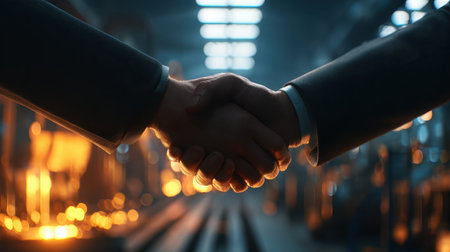 A close-up of a handshake symbolizes partnership and trust in a professional setting. The warm lighting and industrial background enhance the significance of agreement in business.の素材