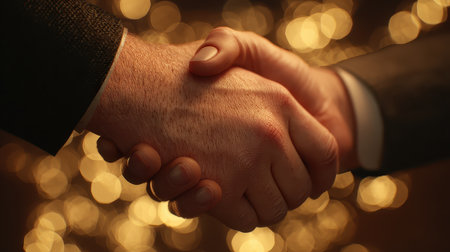 Close-up view of two hands engaged in a handshake, symbolizing trust and partnership against a beautiful golden bokeh background. Ideal for business or friendship themes.の素材