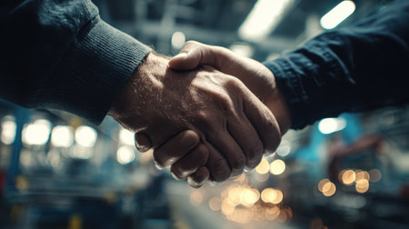 A close-up view of two hands shaking in a vibrant industrial setting symbolizes collaboration and partnership in a professional environment.の素材