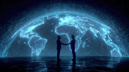 Two business professionals shake hands against a digital globe backdrop, representing partnership and collaboration in a technology-driven world.の素材