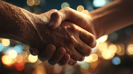 A close-up of a warm handshake symbolizing trust and collaboration in a professional and social setting, surrounded by soft, blurred lights in the background.の素材