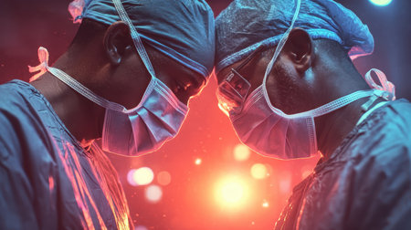 Two dedicated surgeons in scrubs and masks share a moment of focus and teamwork, preparing for an important surgical procedure in a vibrant hospital setting.の素材