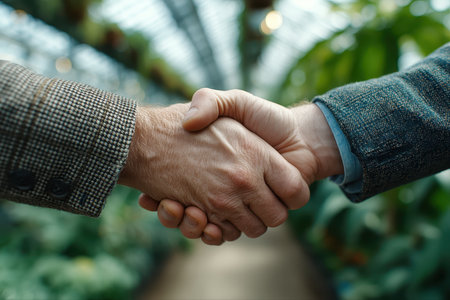 Two hands meet in a firm handshake amidst a vibrant greenhouse, symbolizing partnership, trust, and collaboration between individuals in a professional setting.の素材