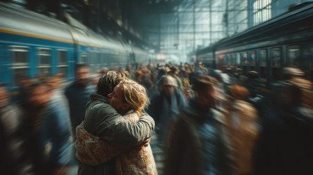 A touching moment captures a couple in an embrace at a bustling train station, surrounded by blurred figures. The scene evokes feelings of love and connection amidst the chaos of travel.の素材