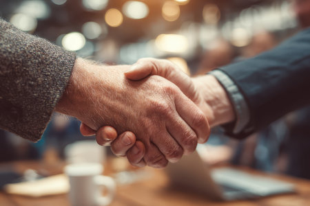 Two hands engage in a firm handshake, symbolizing a partnership at a business meeting in a lively atmosphere filled with professionals. The collaboration indicates mutual respect and a shared goal.の素材