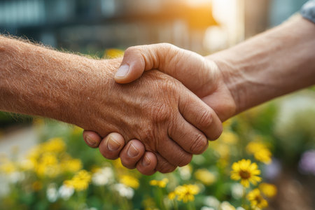 A close-up view of two hands shaking, symbolizing agreement and unity, surrounded by a vibrant garden filled with colorful flowers under a sunny sky.の素材