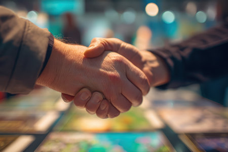 Captured in a vibrant art exhibition, this close-up photo showcases two hands engaging in a handshake, symbolizing partnership and trust.の素材