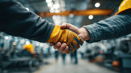 Two workers demonstrate partnership through a handshake in an industrial environment, highlighting teamwork and collaboration in modern labor practices.の素材