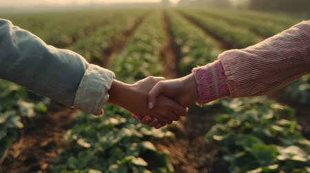 Two hands shake tightly amidst a lush green farm field, representing collaboration and partnership in agriculture. This image captures the essence of teamwork and community spirit.の素材