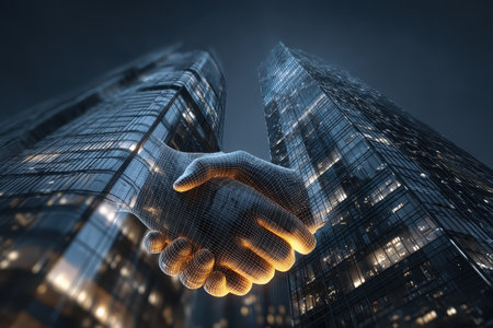 A captivating digital representation of a handshake set against a backdrop of modern skyscrapers, symbolizing collaboration and partnership in the business world.の素材