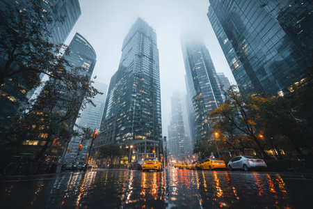 A captivating city scene featuring towering skyscrapers shrouded in fog, yellow taxis lined up on wet streets, creating mesmerizing reflections and a moody atmosphere.の素材