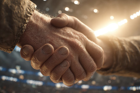 A close-up view of two hands engaged in a handshake, symbolizing partnership and unity in a dramatic sports setting with vibrant background lighting.の素材