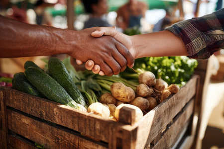 A handshake at a fresh produce market symbolizes partnership and trust between a vendor and a buyer, highlighting community engagement with healthy food choices.の素材