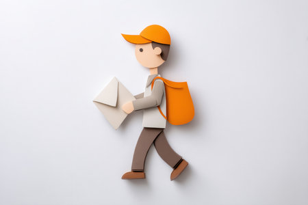A cheerful cartoon character walks with an envelope and a backpack, showcasing a playful and creative design perfect for conveying delivery or postal themes.の素材