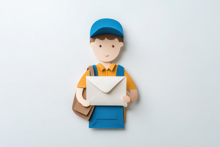 Charming paper craft character stands with an envelope, showcasing creativity and playfulness, ideal for themes related to communication and delivery.の素材