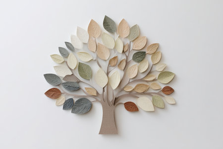 This decorative paper tree features a variety of colorful leaves arranged beautifully on a clean white background, perfect for adding a touch of elegance to any space.の素材