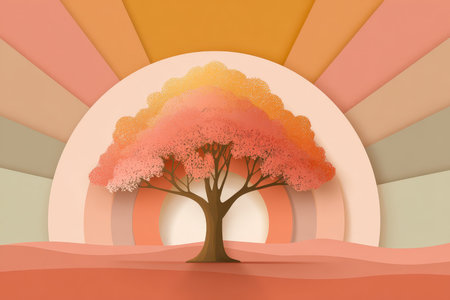 This illustration features a striking pink tree under a radiant sunrise, showcasing serene pastel colors. Ideal for nature-themed projects and modern designs.の素材