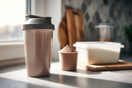 A chocolate protein shake sits alongside ingredients in a modern kitchen, showcasing a healthy lifestyle choice. Ideal for fitness enthusiasts and nutrition fans.の素材