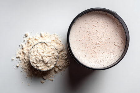 A top-down view of a creamy protein shake in a container with powdered supplement. Perfect for fitness enthusiasts seeking nutrition and energy.の素材