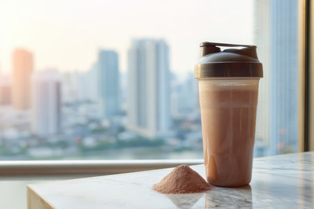 A protein shake in a shaker bottle sits on a marble table, with a cityscape view at sunset. The scene captures a blend of fitness and urban lifestyle.の素材